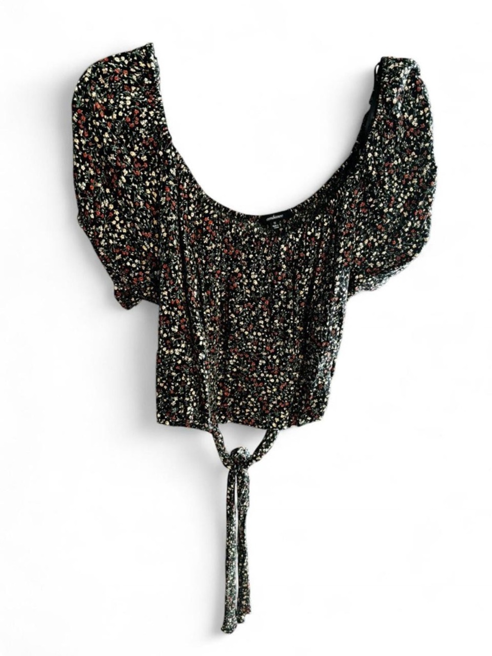 Ambiance Black Ditsy Floral Puff-Sleeve Crop Top with Tie